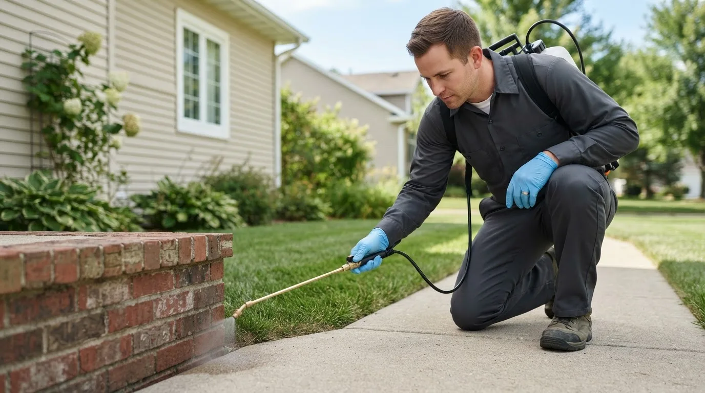 Pest control technician treating a home near Pleasant Grove, CA