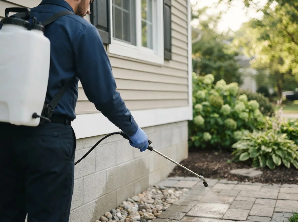 Pest control technician inspecting a home in Pleasant Grove, CA